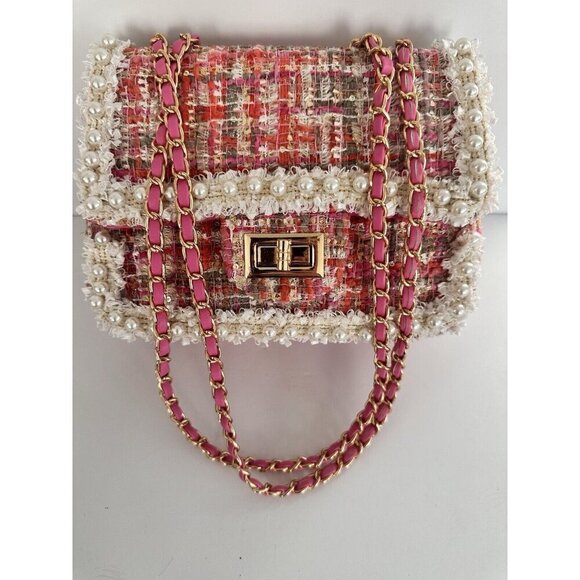 Women’s Chain‎ Pearl Pink Tweed Crossbody Bag Satchel Barbie Princess Coquette - Picture 1 of 13